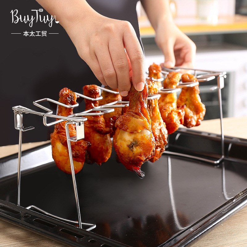 家用便攜跨境不銹鋼折疊雞腿架家用烤箱燒烤盤烤肉架BBQ燒烤工具
