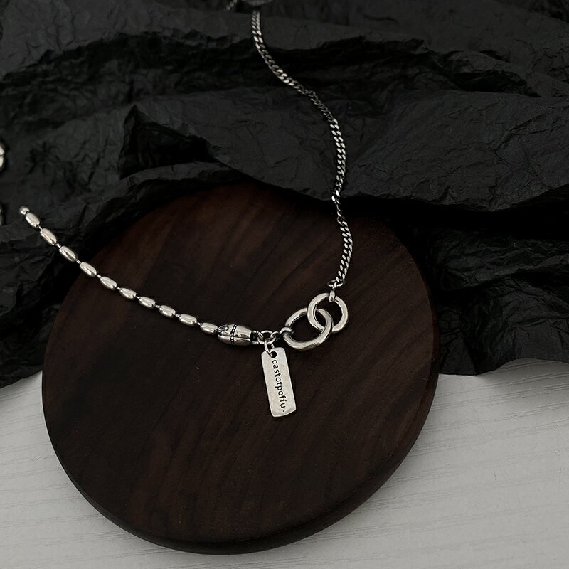 925純銀雙圓環項鏈女年新款方牌字母鎖骨鏈復古做舊嘻哈頸鏈 1