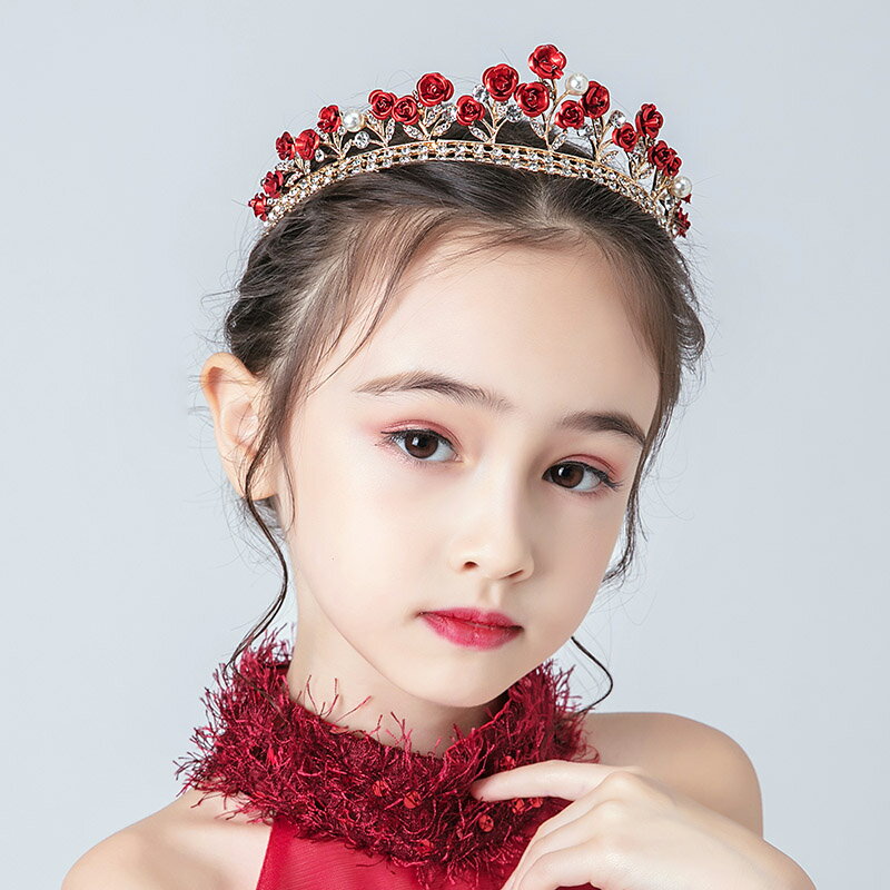 紅色兒童皇冠小女孩公主發飾禮服配飾品女童水晶頭飾韓版生日演出1入