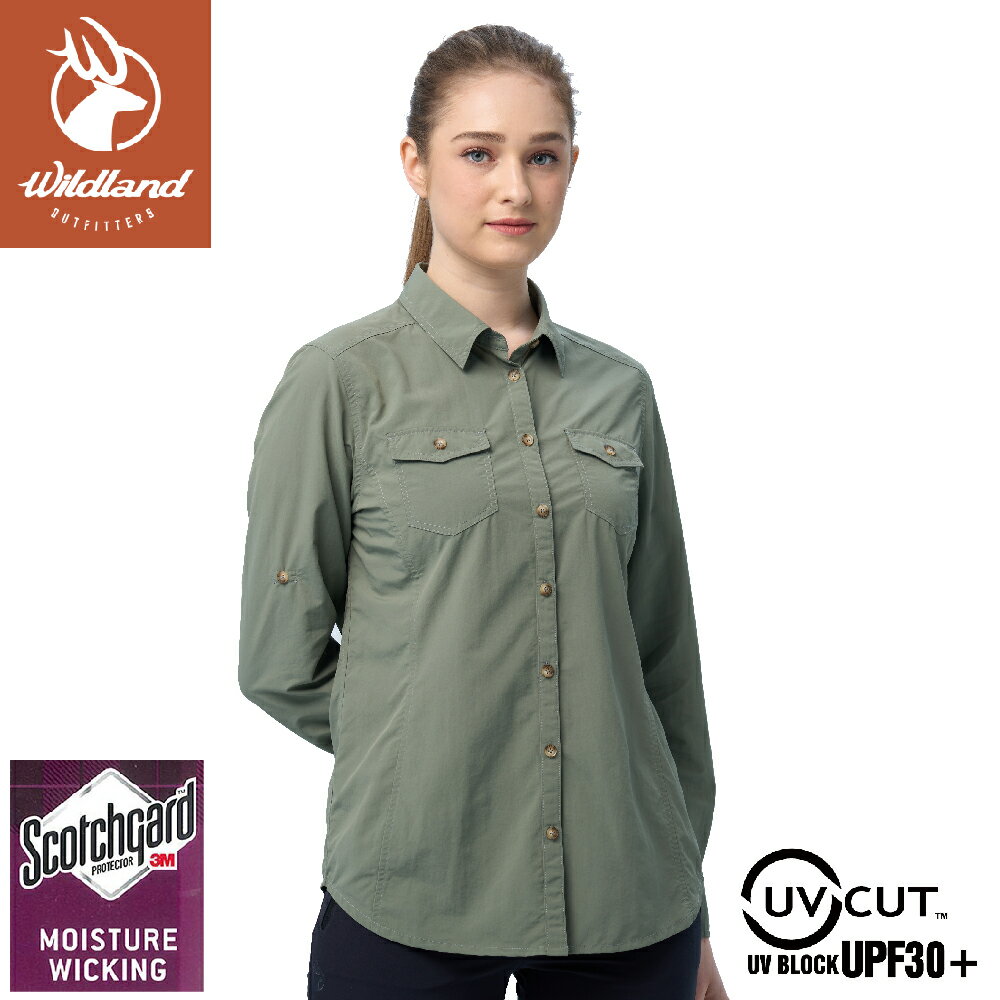 【Wildland 荒野 女 3M透氣快乾抗UV可調節袖襯衫《鼠尾草綠》】W1207/戶外休閒雙口袋長袖襯衫