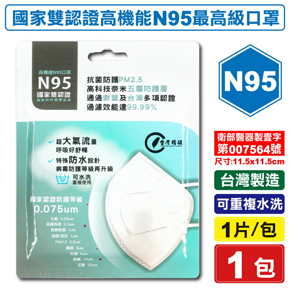 台灣精碳 N95醫用口罩 1入/包 (國家認證 可水洗重複使用 台灣製) 專品藥局【2018508】
