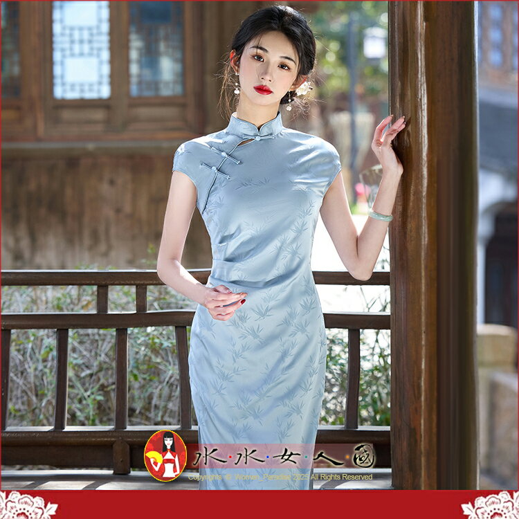 新中式旗袍新款提花肩包袖中長款春夏改良時尚感年輕少女素雅日常可穿修身雙層連身裙開衩洋裝-風竹(藍色)-水水女人國