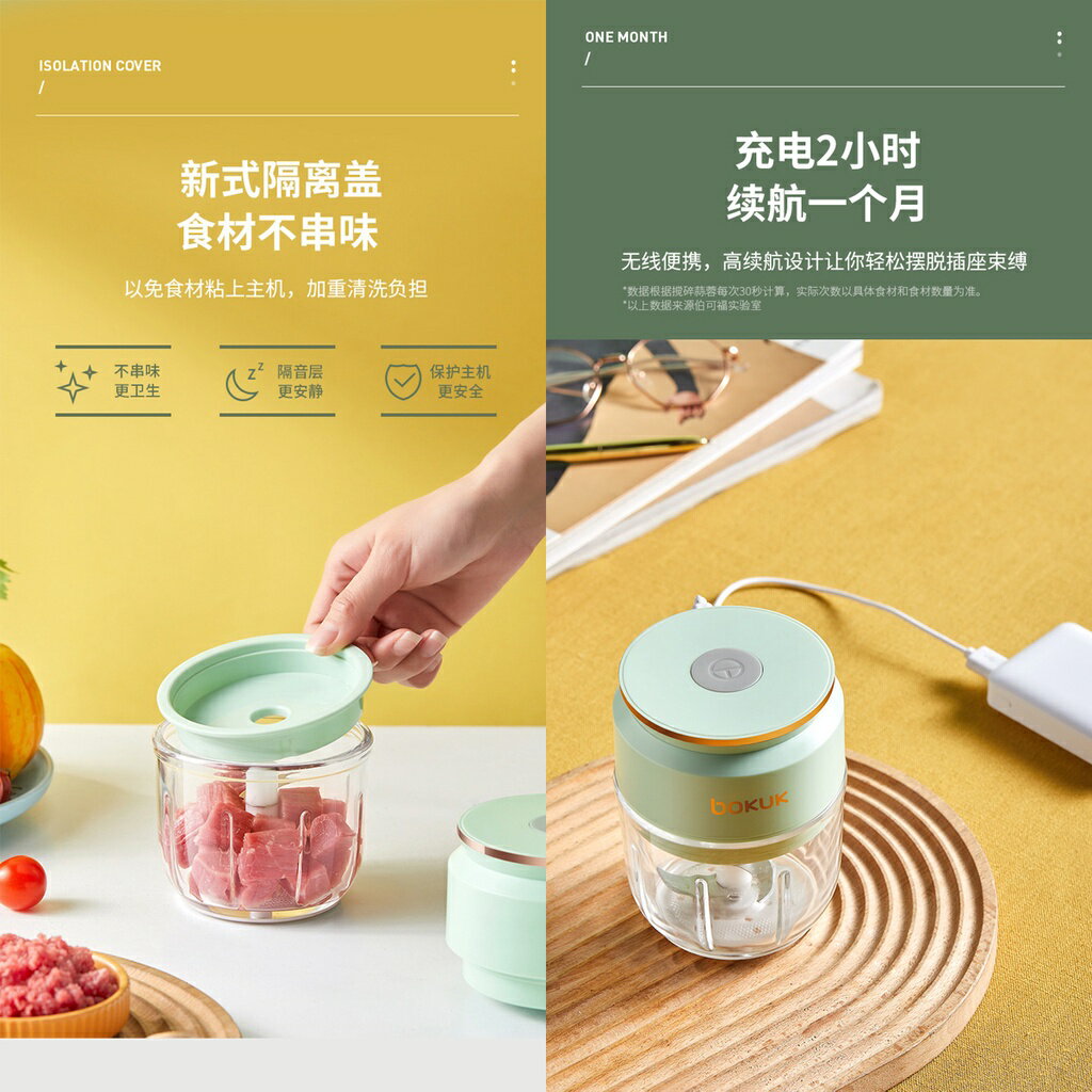 ISONA 蘿蔔兔roboto電動搗蒜器 絞肉機 攪碎機 蒜泥機 5V 30W 2000mAh 300ML玻璃料理杯 3