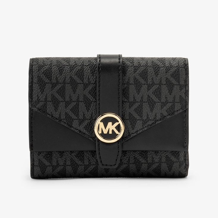 MICHAEL KORS 經典老花三摺皮夾 防刮老花PVC塗層帆布 皮夾 短夾 錢包 M24760 黑色MK(現貨)▶指定Outlet商品5折起☆現貨【送禮首選★APP下單點數4倍送】