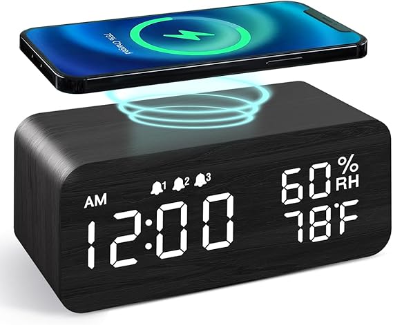 JALL【美國代購】  木製數位鬧鐘,附無線充電,3 個鬧鈴 LED 顯示,聲音控制和貪睡雙 適用於臥室、床頭、辦公室-黑