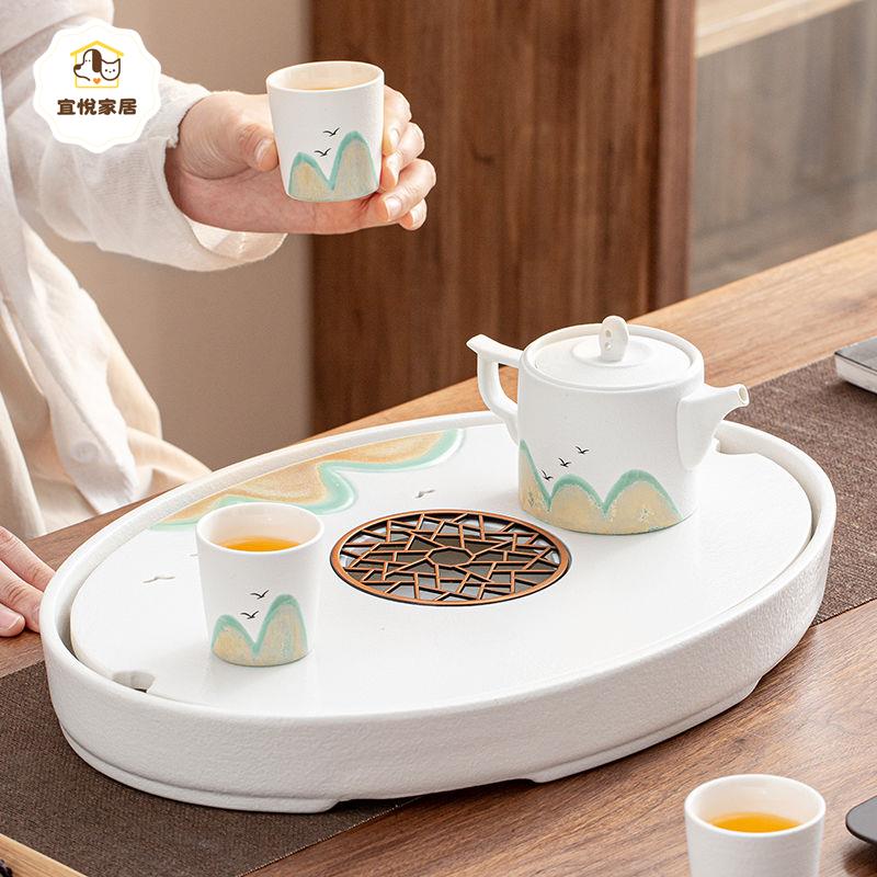 遠舍陶瓷茶盤 小型家用 輕奢 簡約茶臺茶具 托盤 儲排水雙用干泡臺茶海[PP0504042]