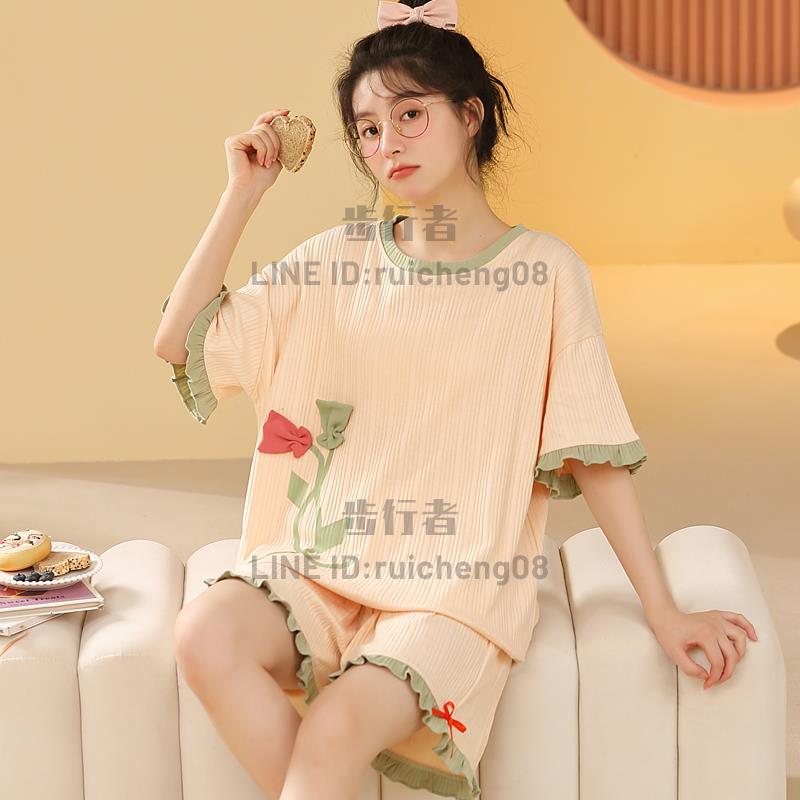 睡衣女士夏季純棉韓版可愛大碼短袖兩件套裝可外穿夏天春秋家居服【步行者戶外生活館】