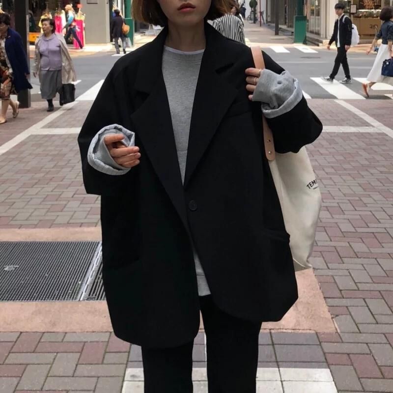 秋裝女裝復古港風長袖西裝外套女學生寬松中長款休閑開衫上衣1入