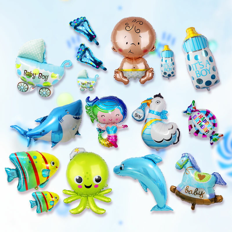 海洋動物主題生日派對裝飾布置鋁膜氣球美人魚章魚鯊魚熱帶魚海豚