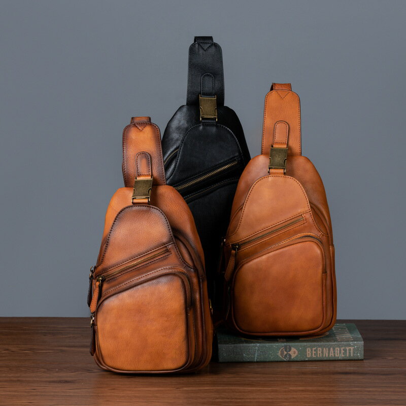【巴黎精品】胸包真皮側背包-復古休閒多口袋牛皮男包包3色p1an15
