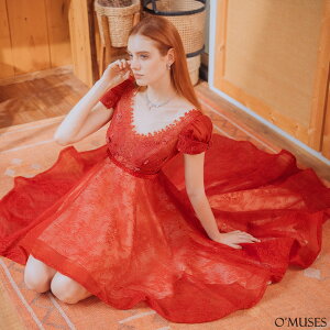訂製款V領蕾絲前短後長紅色禮服(19-5104)