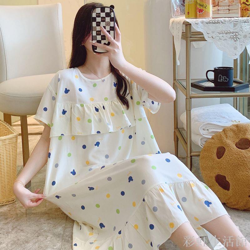 新款防凸點春夏甜美少女棉綢大碼睡裙薄款寬松睡衣人造棉家居服