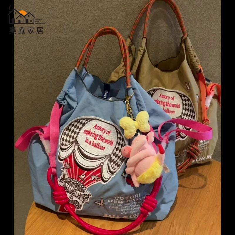 免運 附發票 購物袋 購物包 日系熱氣球刺繡環保布袋女ball chain新款刺繡尼龍手提包單肩