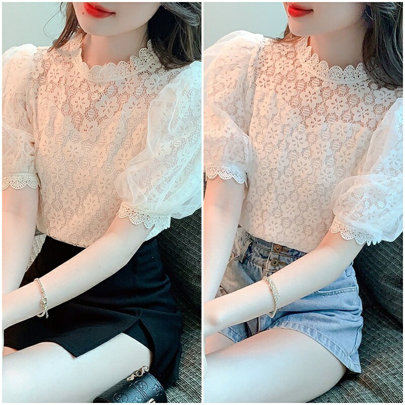 【巴黎精品】現貨+預購 女雪紡上衣短袖襯衫法式名媛氣質OL西裝蕾絲休閒女裝-泡泡袖鏤空蕾絲2色a1kc51