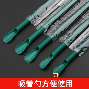 不銹鋼吸管勺子沙冰勺吸管7mm墨綠色多用直吸管獨立包裝吸管100