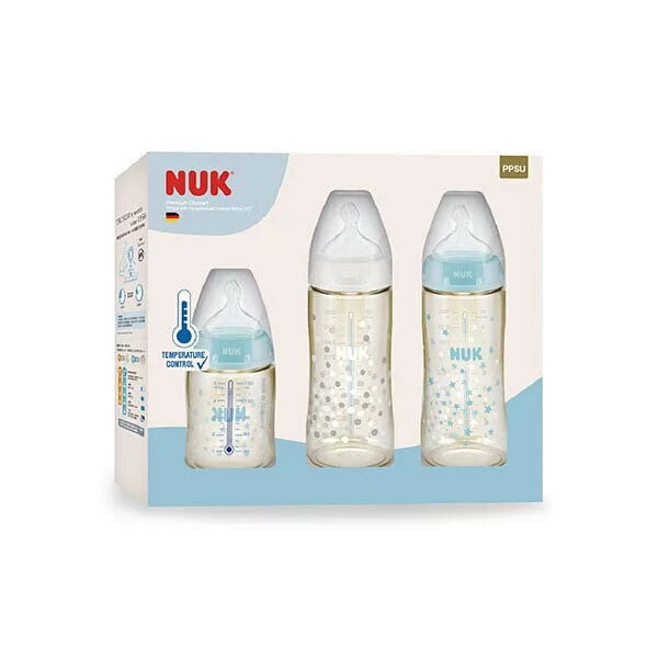 0-6個月適用【德國 NUK】PPSU感溫奶瓶禮盒 (感溫奶瓶、中圓洞奶嘴、矽膠奶嘴) (隨機出貨)