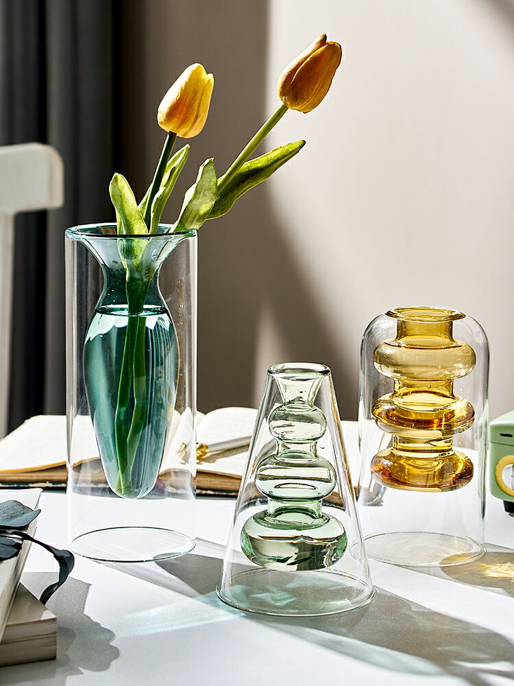 創意藝術花瓶擺件客廳插花現代簡約玻璃透明餐桌裝飾品花器小