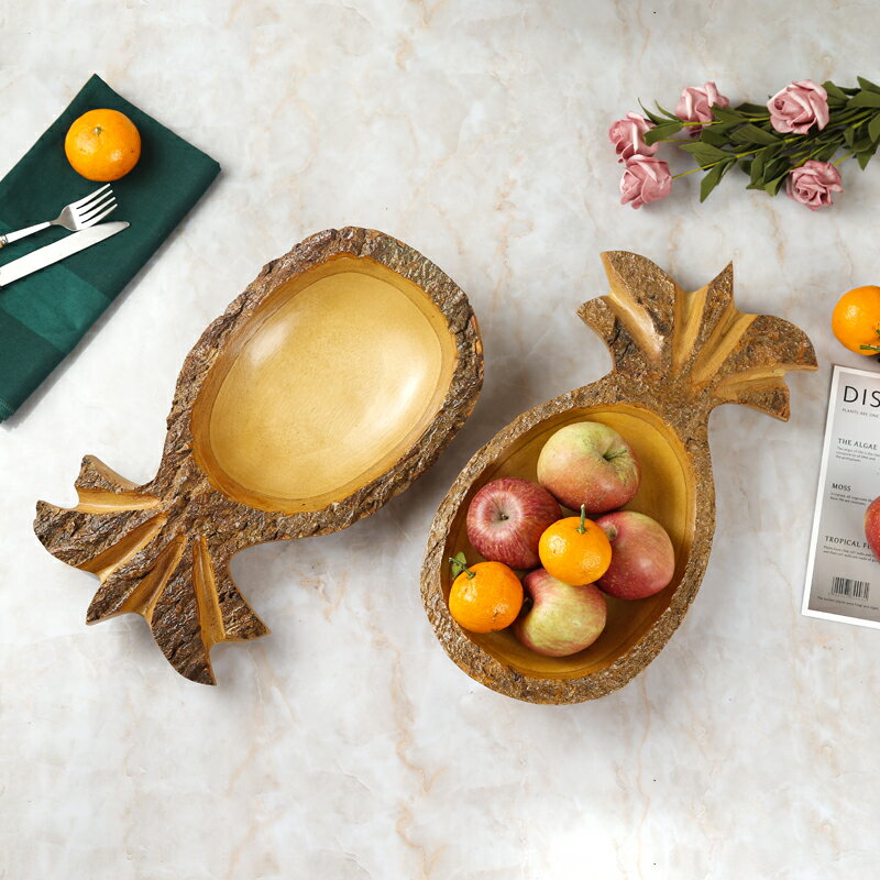 泰國木質家用干果盤客廳創意個性復古仿生菠蘿實木水果盤茶幾擺件