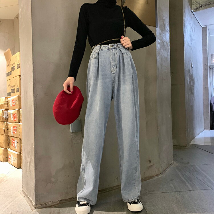 夏裝復古高腰牛仔褲拖地長褲女寬松顯瘦闊腿褲百搭休閑直筒褲1入