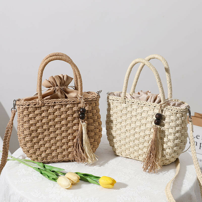 【巴黎精品】草編包手提藤編包-斜背流蘇束口編織包女包包2色a1hb75