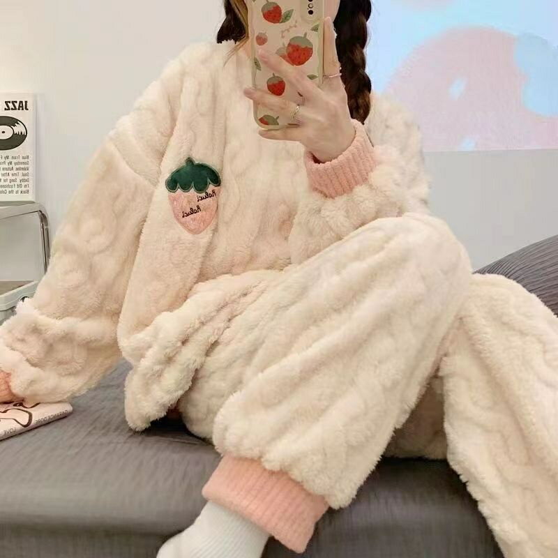 圓領胖大星睡衣 女士秋冬季珊瑚絨大碼法蘭絨加絨加厚 兩件套可外穿家居服 超級保暖