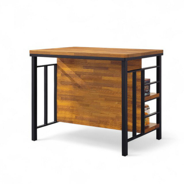 洛森全木紋中島桌｜工業風中島吧台・柚木色木心板・收納層架 TBB057