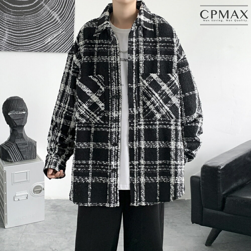 CPMAX 韓系格紋毛呢外套 帥氣翻領毛呢夾克外套 毛呢外套 翻領外套 格紋外套 格紋毛呢夾克 黑色外套【C204】