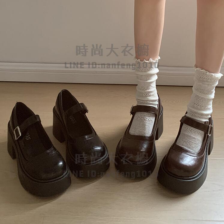 棕色復古法式增高厚底小皮鞋女春季粗跟瑪麗珍淺口單鞋子【時尚大衣櫥】