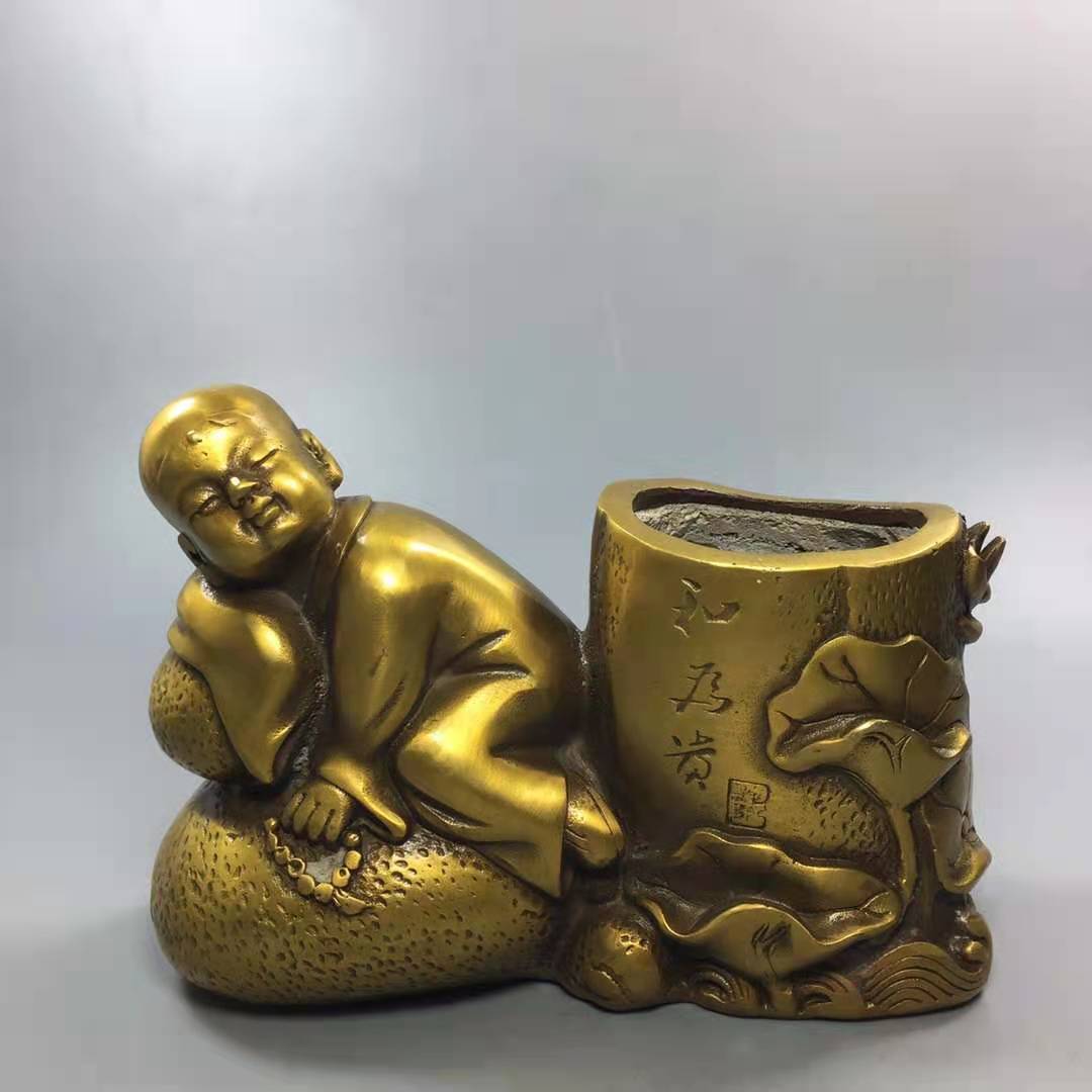 純銅馬到成功筆筒小和尚孔子筆筒牧童蝸牛筆筒書桌辦公室裝飾擺件