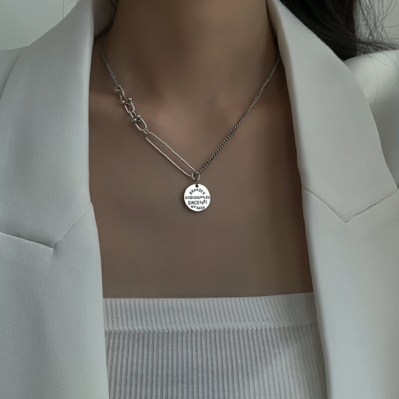 925純銀字母圓牌項鏈女年新款鎖骨鏈百搭頸鏈個性嘻哈衛衣鏈 2
