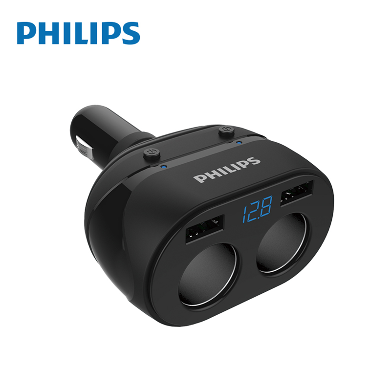 【享4%點數回饋】PHILIPS 飛利浦 一轉二USB雙車充 車用充電器 LED電壓顯示 點煙器 原廠正品 DLP3521N
