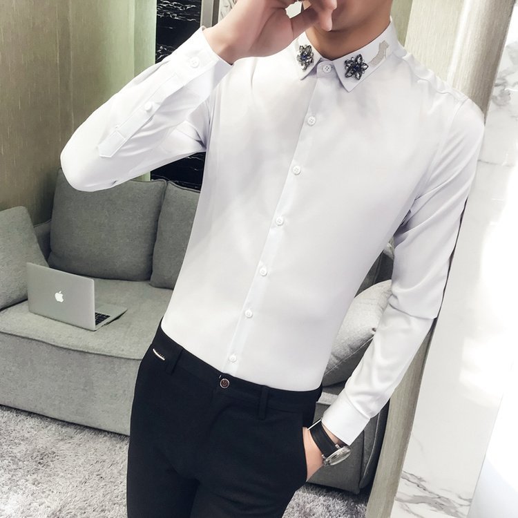 FINDSENSE G6 韓國時尚 春季新款男士素面長袖襯衫 手工裝飾領潮流襯衫