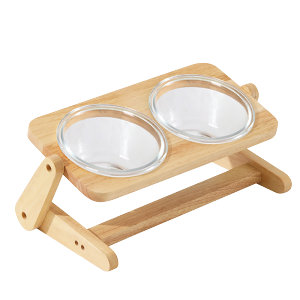 百變木架玻璃飛碟寵物碗 橡木碗架 2種尺寸 高度角度可調節 | 艾爾發寵物