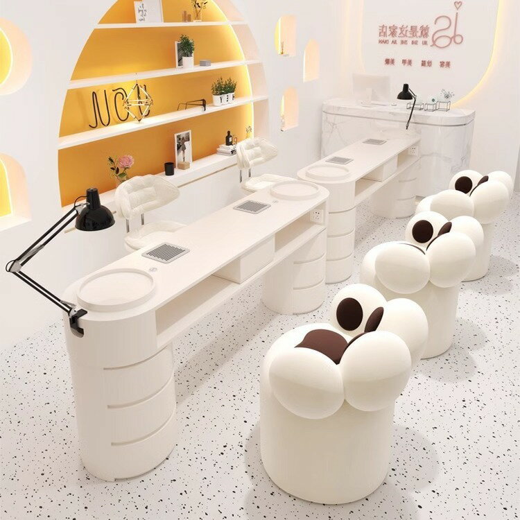快速出貨 奶油風吸塵器美甲桌椅套裝帶插座烤燈單雙三人全套美甲臺