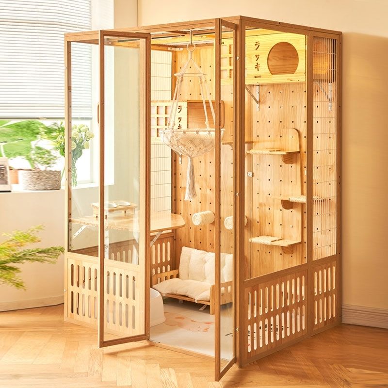 免運 豪華實木多層板別墅貓籠室內全景玻璃貓屋