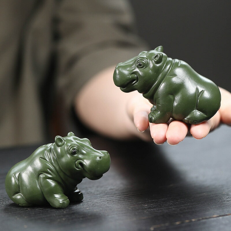 宜興紫砂創意茶寵綠泥寵河馬擺件財大氣粗雕塑茶具茶玩可養手辦myg7251