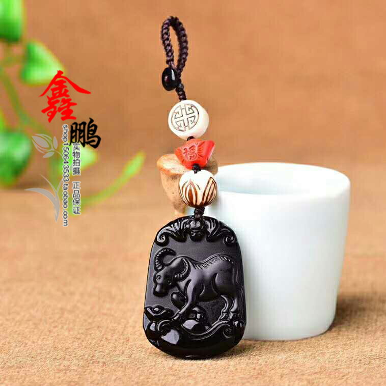 年天然黑曜石十二生肖牛車掛鑰匙扣吉祥物 0
