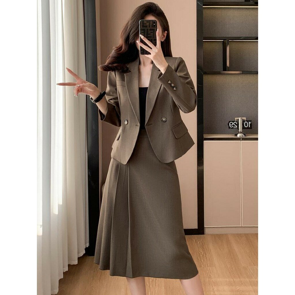 高階感西裝外套 女 春秋短款小個子西裝套裝 職業套裝西服裙子兩件套 西裝外套女 西裝裙套裝 職業麵試主持西裝套裝 女