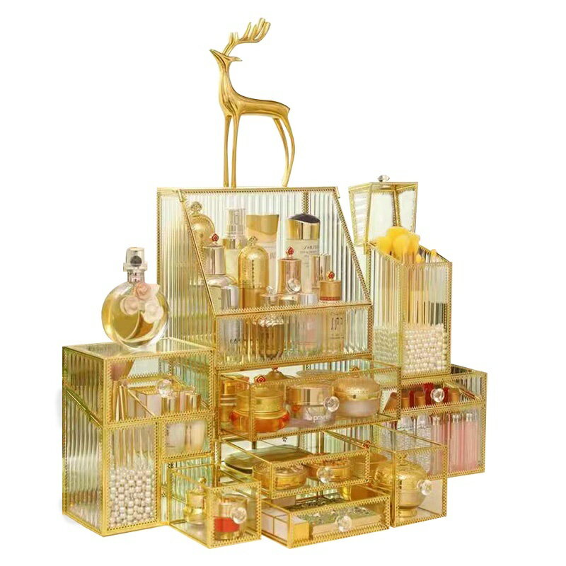 金邊玻璃化妝品收納盒 玻璃化妝盒防塵收納盒 保養品收納 化妝品收納 彩妝收納