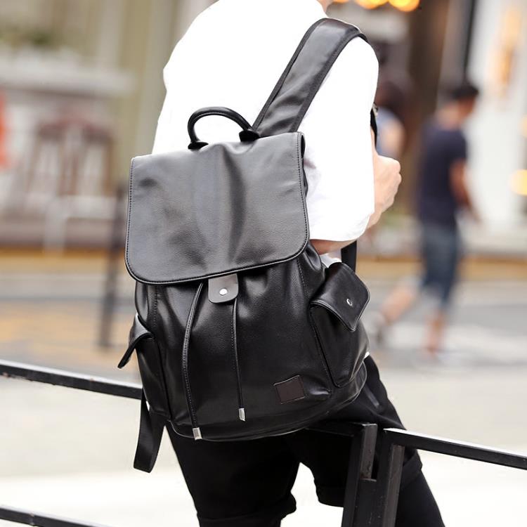 新款街頭背包後背包韓版皮質商務潮流抽帶時尚男包書包旅行包潮 全館免運