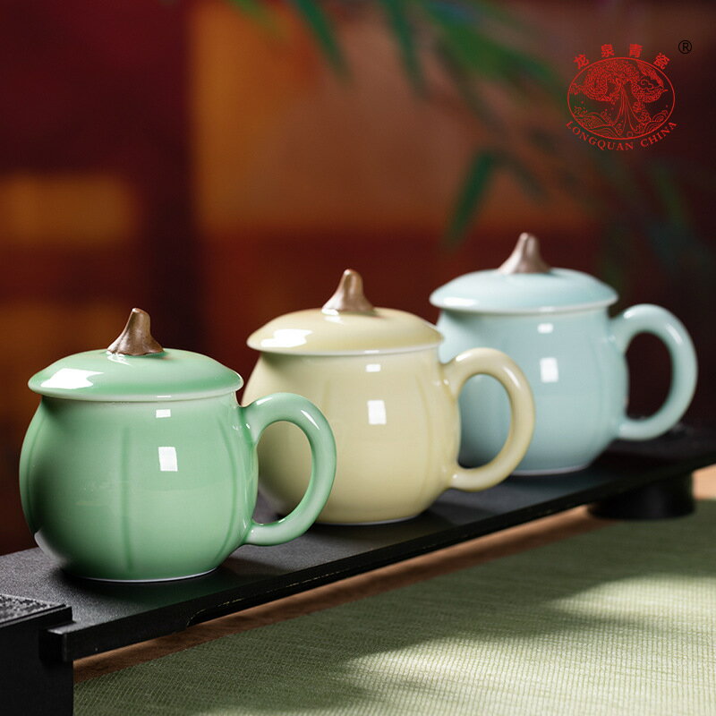 龍泉青瓷 創意帶蓋南瓜杯大容量喝水杯 陶瓷辦公杯家用泡茶杯子