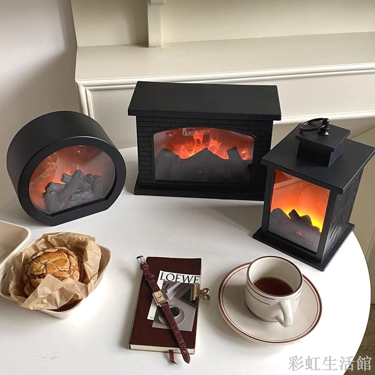 模擬壁爐創意小擺件家居軟裝工藝品燭臺模擬裝飾LED木炭火焰風燈
