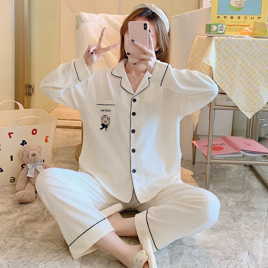 可愛卡通小熊睡衣女春夏薄款棉質長袖開衫簡約韓國ins家居服套裝