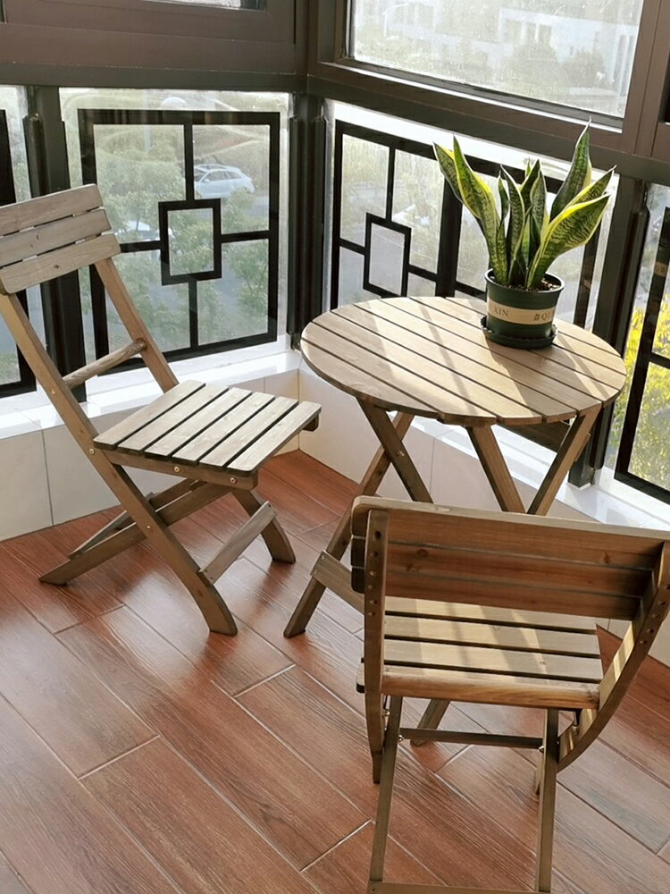 折疊餐桌實木免安裝桌椅組合便攜陽台木制圓桌學習書桌花桌