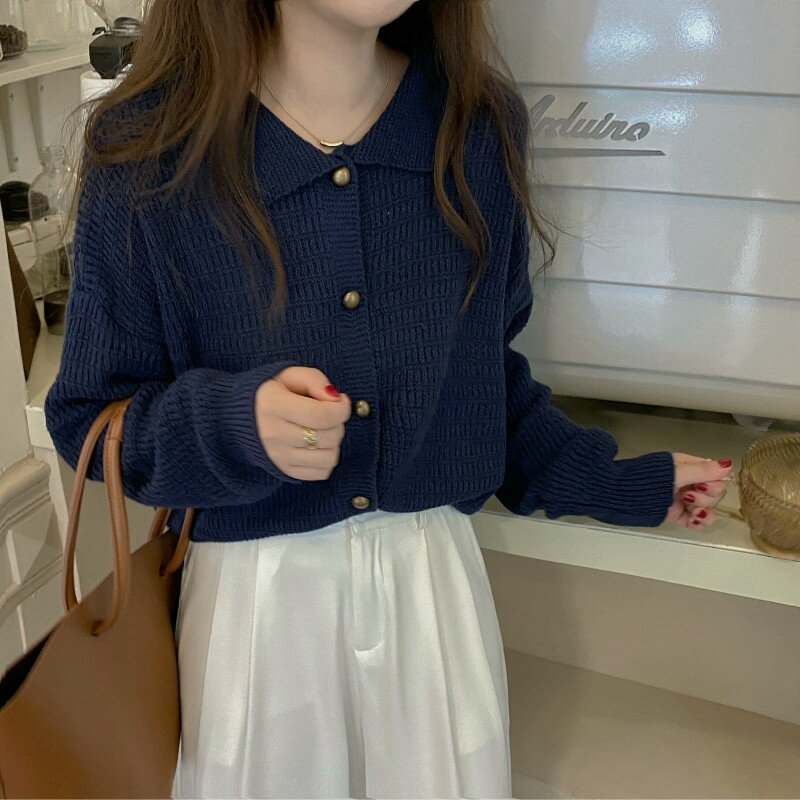 毛衣復古日系慵懶2021年新款秋季Polo領克萊因藍小個子短款針織衫