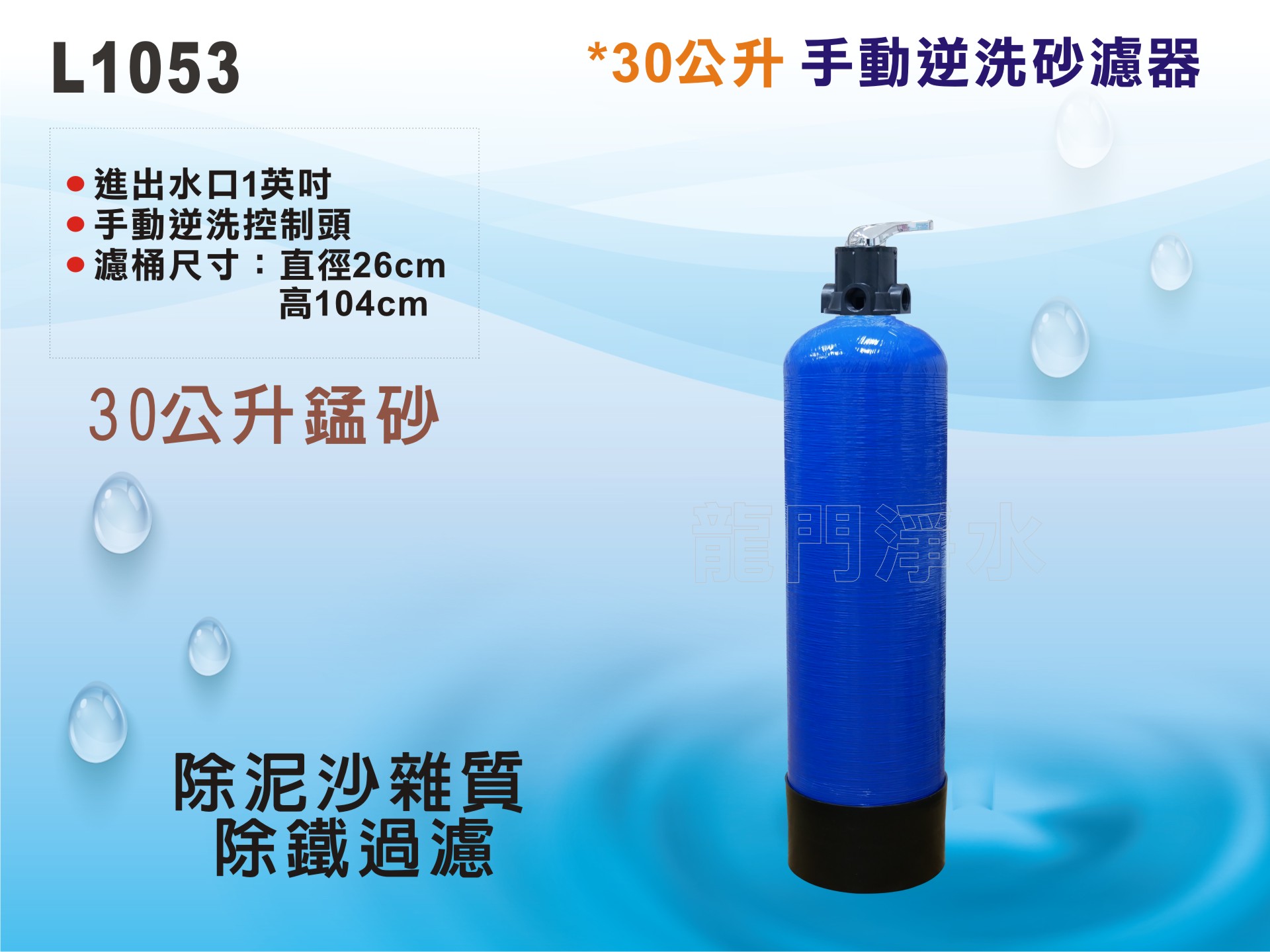 【龍門淨水】30公升手動控制除鐵錳砂過濾器 餐飲 淨水器 飲水機 RO機 地下水處理(貨號L1053)