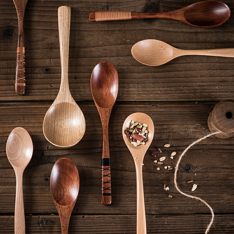 日式天然原木長柄木勺子吃飯用叉子勺子套裝家用實木小木勺蜂蜜勺 廚房小物