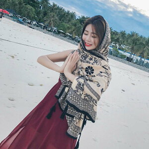 沙灘防曬披肩女夏民族風圍巾泰國旅游絲巾超大海邊紗巾長款沙灘巾