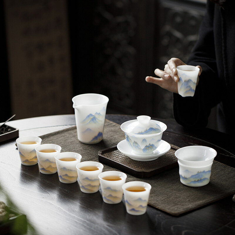 快速出貨 公司貨 手繪冰種套組家用羊脂玉瓷中式功夫茶具整套泡茶器伴手禮品禮盒裝