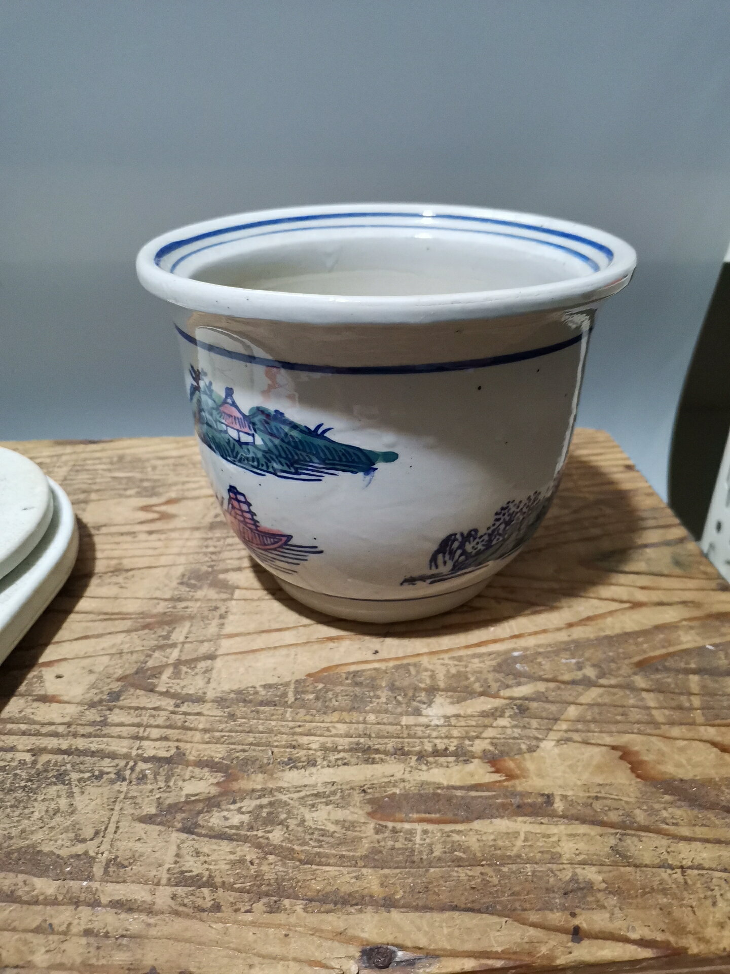 日本回流瓷器陶器老山水花盆一個，昭和時期，全品，高度13cm